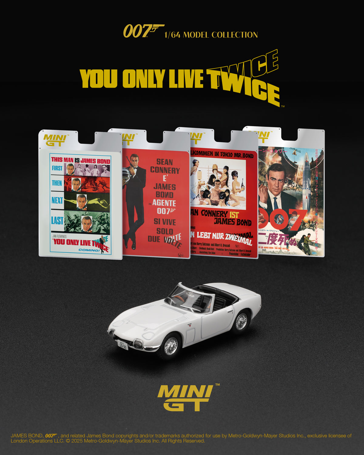 Mini GT 1:64 Toyota 2000GT Roadster You Only Live Twice 1967 white diecast model. Poster