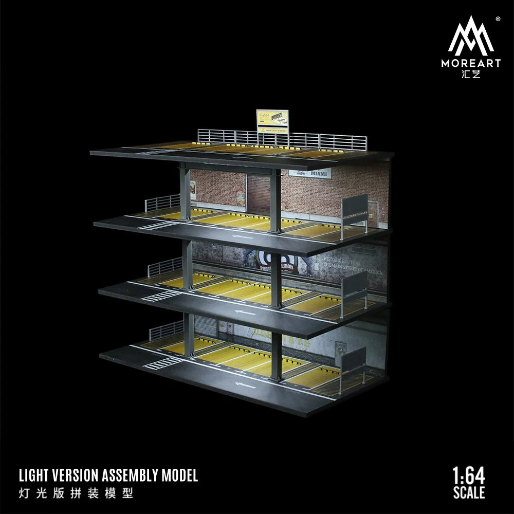 MoreArt 1:64 four-story parking building diorama with LED lighting for displaying diecast model cars