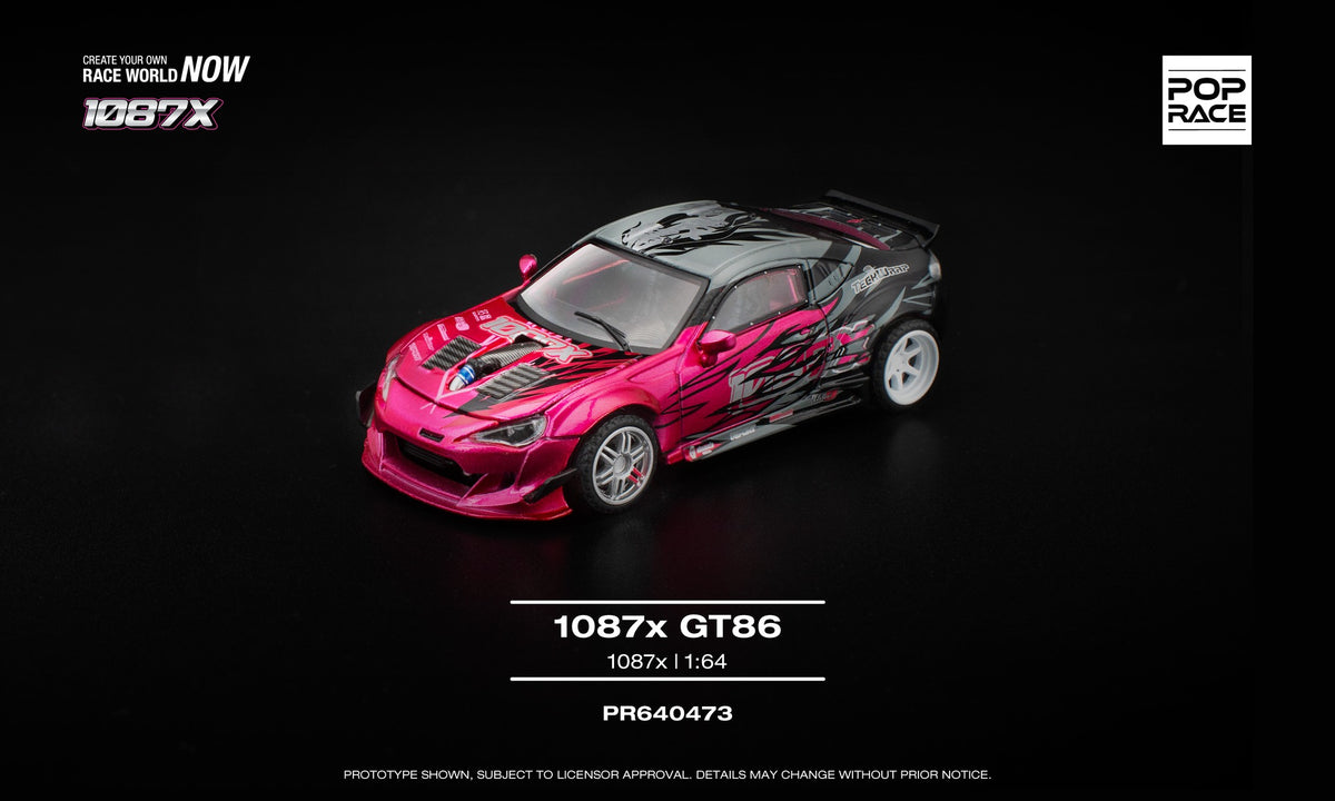 POP Race 1:64 Toyota GT86 1087X drift car in detailed livery, featuring a removable front hood that reveals the engine. Front