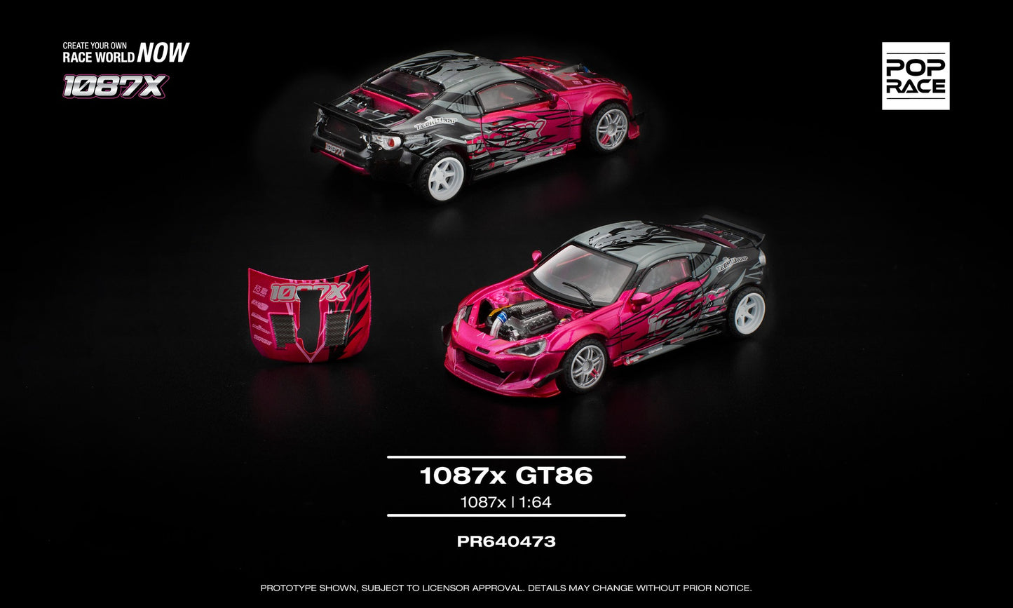 POP Race 1:64 Toyota GT86 1087X drift car in detailed livery, featuring a removable front hood that reveals the engine.