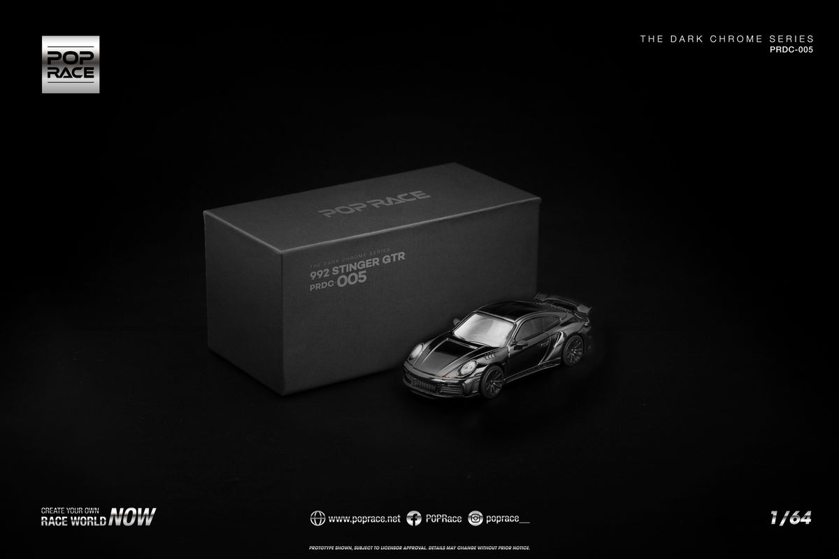 POP Race 1:64 992 Stinger GTR Dark Chrome Series – premium tuner Porsche in dark chrome finish. With packaging