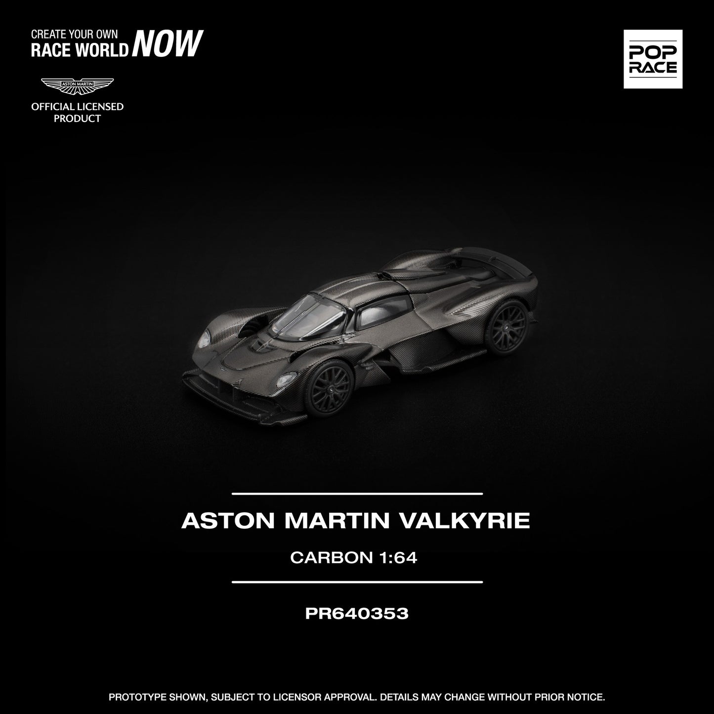 1:64 scale POP Race Aston Martin Valkyrie in full carbon fiber finish, displayed in collector case. Front