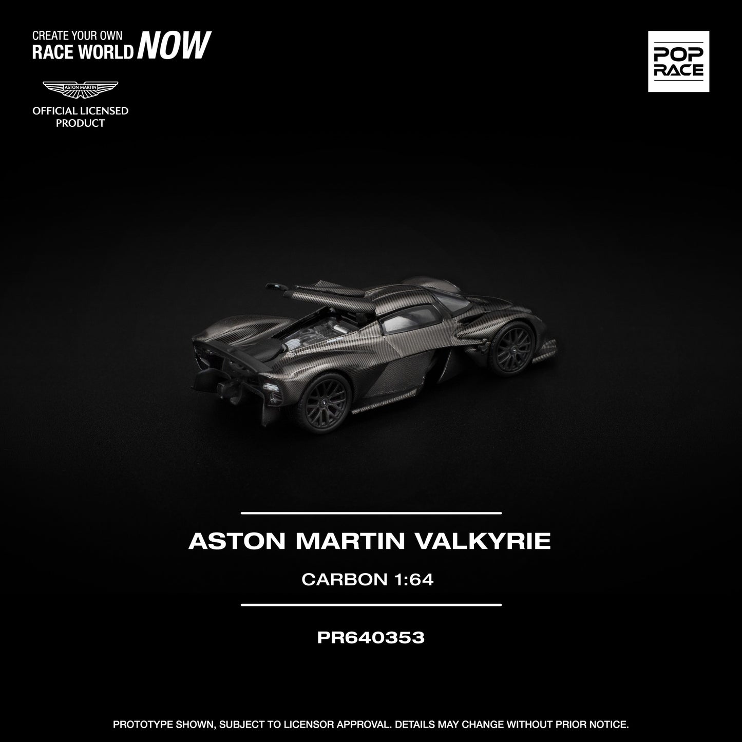 1:64 scale POP Race Aston Martin Valkyrie in full carbon fiber finish, displayed in collector case. Back