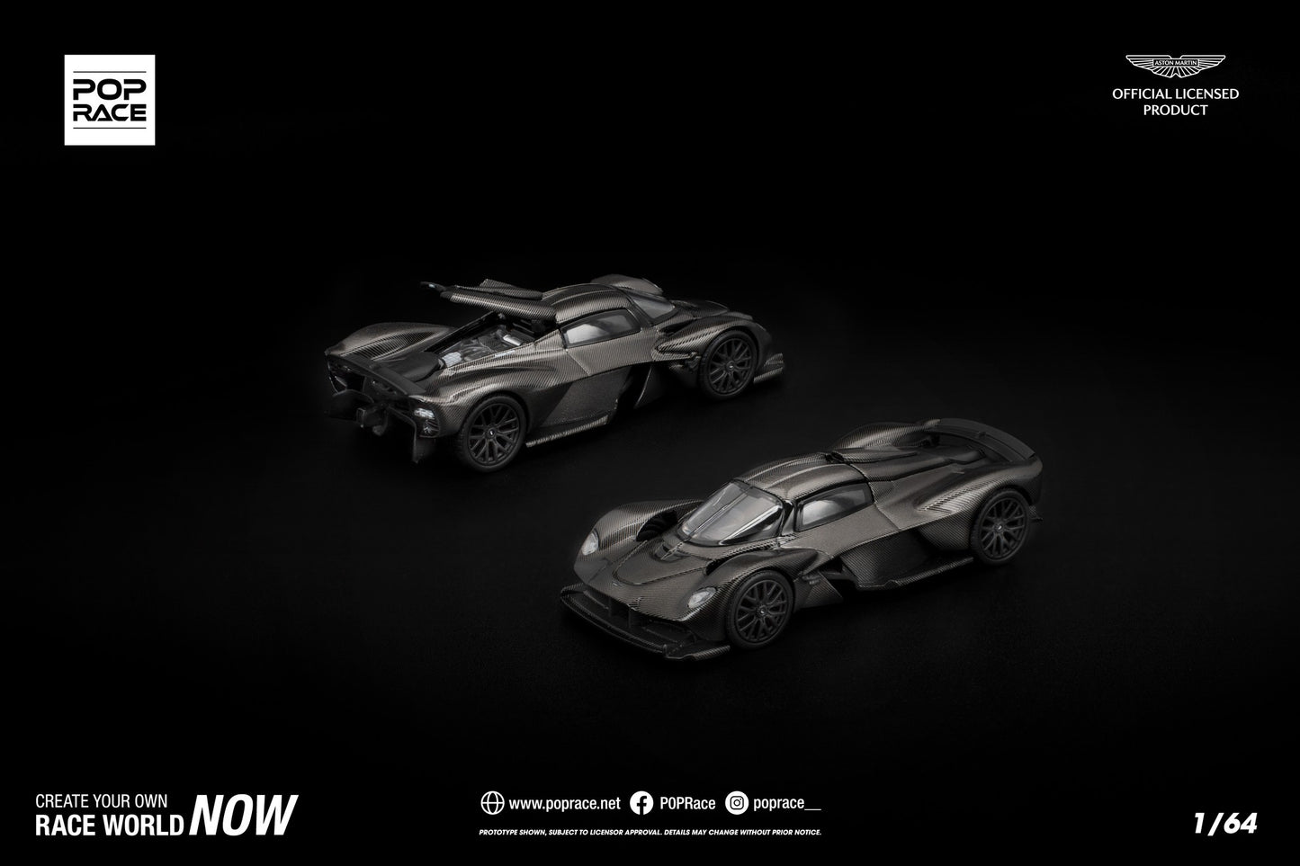 1:64 scale POP Race Aston Martin Valkyrie in full carbon fiber finish, displayed in collector case.