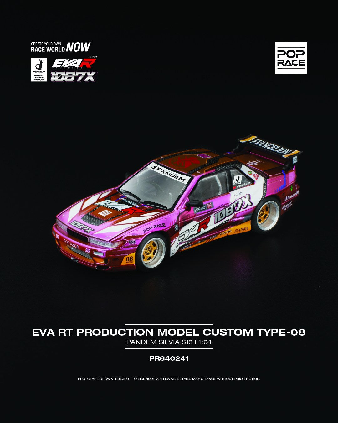 POP Race Evangelion Type-08 Pandem Silvia S13 1:64 model in wide-body purple anime livery. Front
