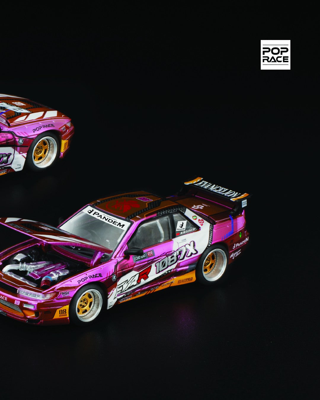 POP Race Evangelion Type-08 Pandem Silvia S13 1:64 model in wide-body purple anime livery. Right
