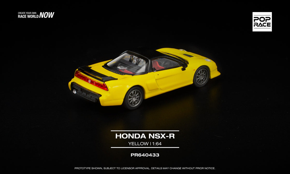 POP Race 1:64 Honda NSX-R Yellow, showing post-facelift NA2 body, bright yellow livery with black accents, and two opening parts revealing detailed engine. Back