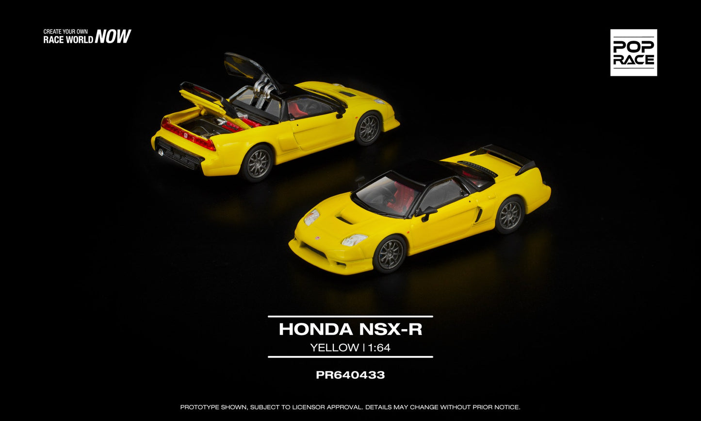 POP Race 1:64 Honda NSX-R Yellow, showing post-facelift NA2 body, bright yellow livery with black accents, and two opening parts revealing detailed engine.