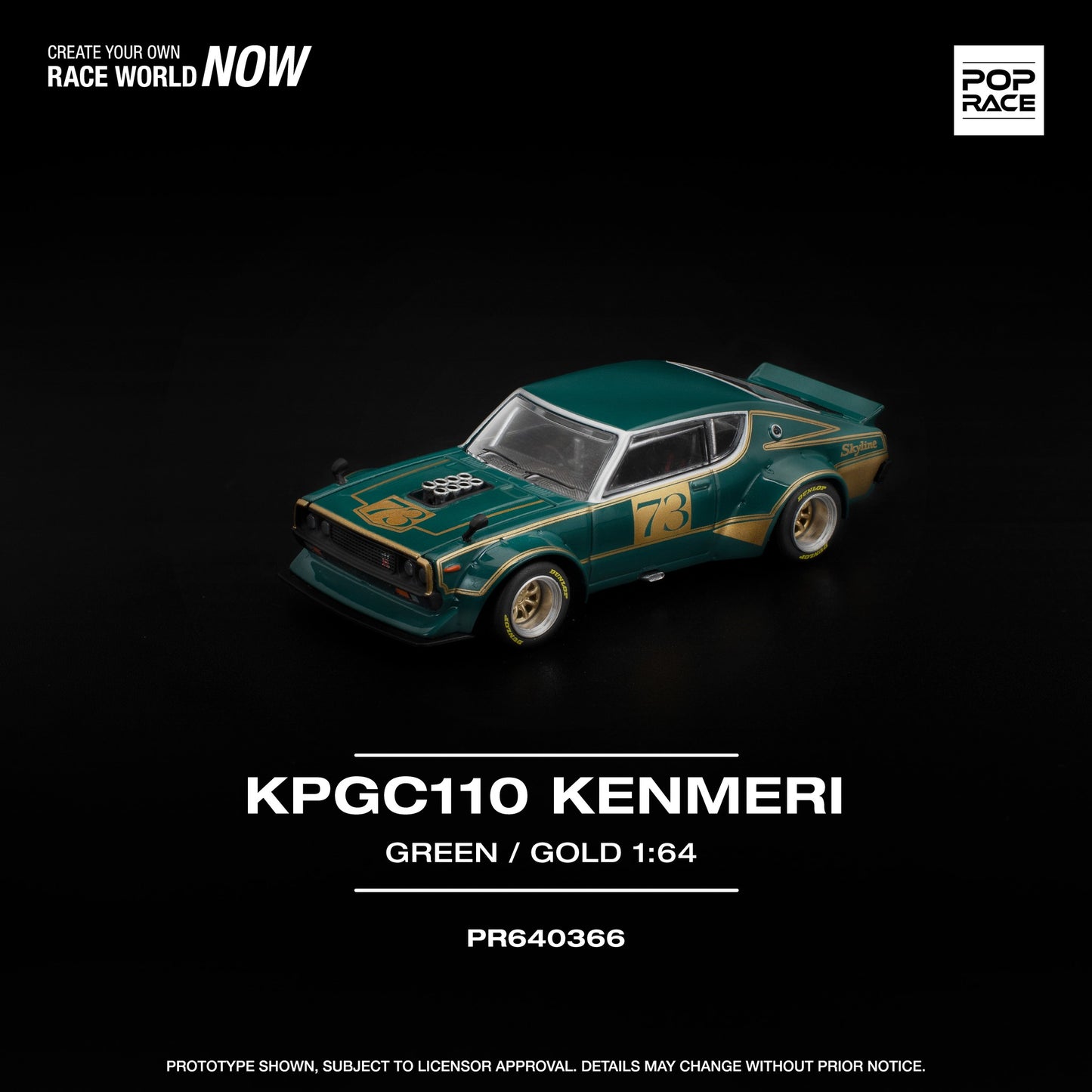 1:64 POP Race KPGC110 Kenmeri in metallic green with gold accents and retro styling. Front