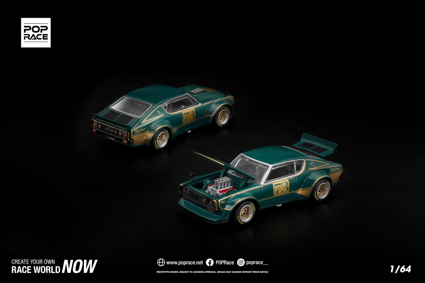 1:64 POP Race KPGC110 Kenmeri in metallic green with gold accents and retro styling.