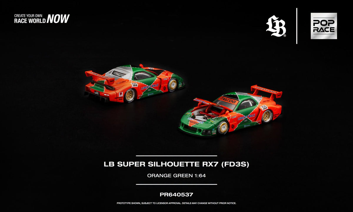 POP Race 1:64 LB Super Silhouette Mazda RX-7 FD3S in orange and green 787B-inspired livery with opening hood.