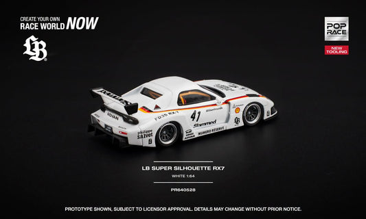 POP Race Mazda RX-7 FD3S LB Super Silhouette in white with opening hood and detailed engine. Back