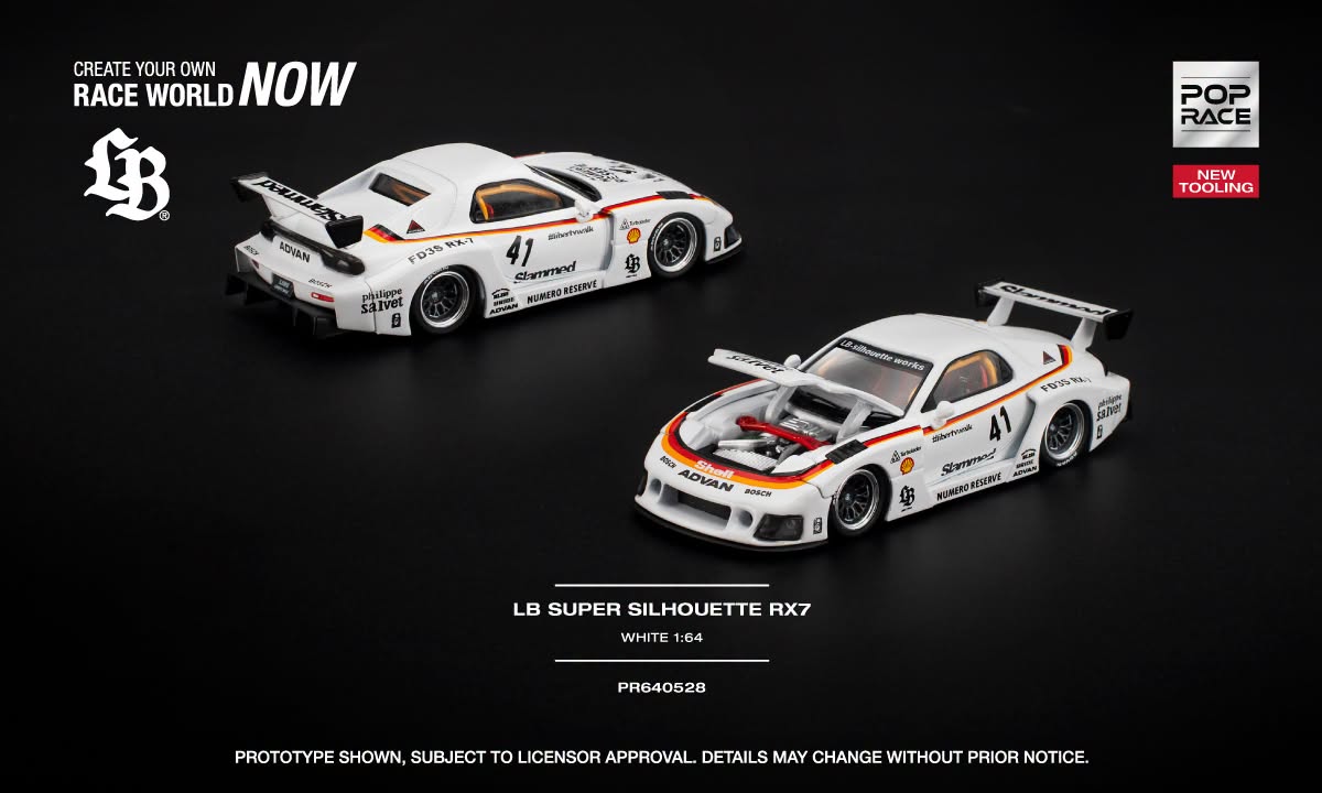 POP Race Mazda RX-7 FD3S LB Super Silhouette in white with opening hood and detailed engine.