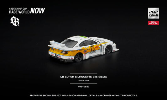 POP Race Nissan Silvia S15 LB Super Silhouette in white and orange with opening hood. Back