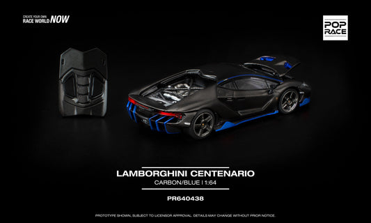 POP Race 1:64 Lamborghini Centenario in carbon fiber and blue with removable engine cover. Back