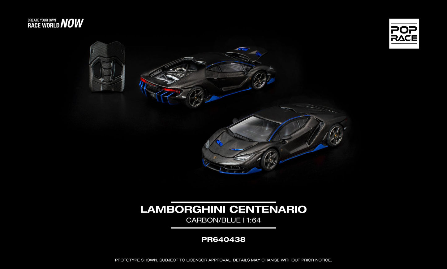 POP Race 1:64 Lamborghini Centenario in carbon fiber and blue with removable engine cover.