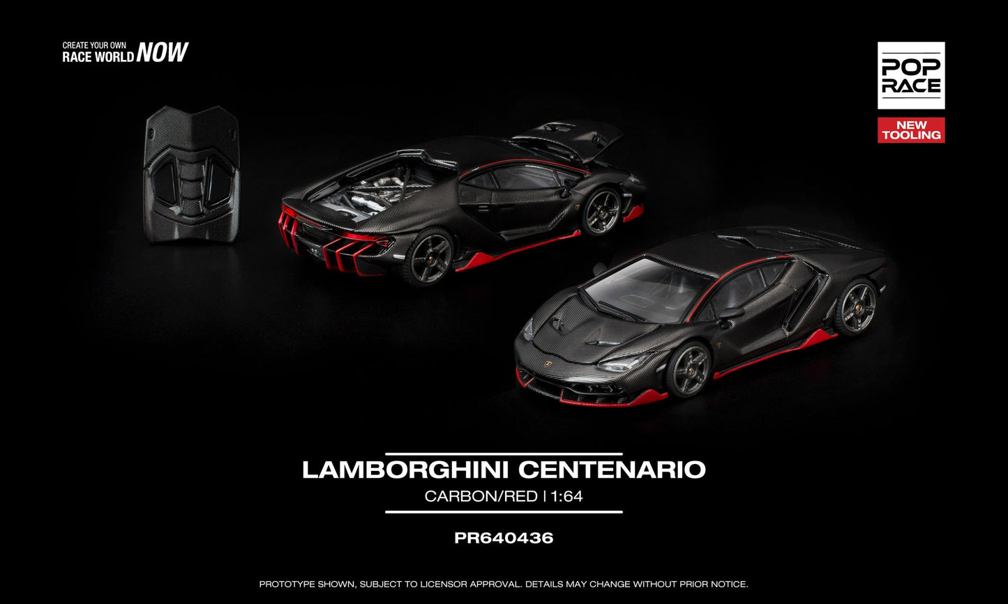 1:64 POP Race Lamborghini Centenario Carbon/Red – carbon-effect die-cast hypercar with opening engine cover.