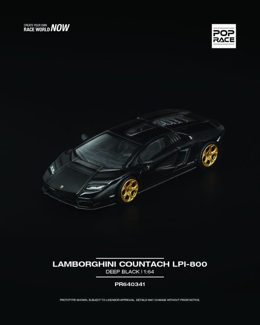 POP Race 1:64 Lamborghini Countach LPI-800 die-cast model in deep black with detailed body lines and premium finish. front left image