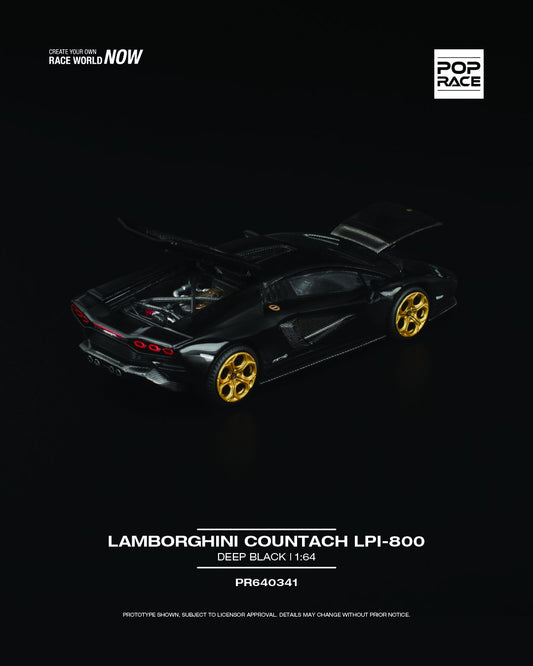 POP Race 1:64 Lamborghini Countach LPI-800 die-cast model in deep black with detailed body lines and premium finish. right rear image