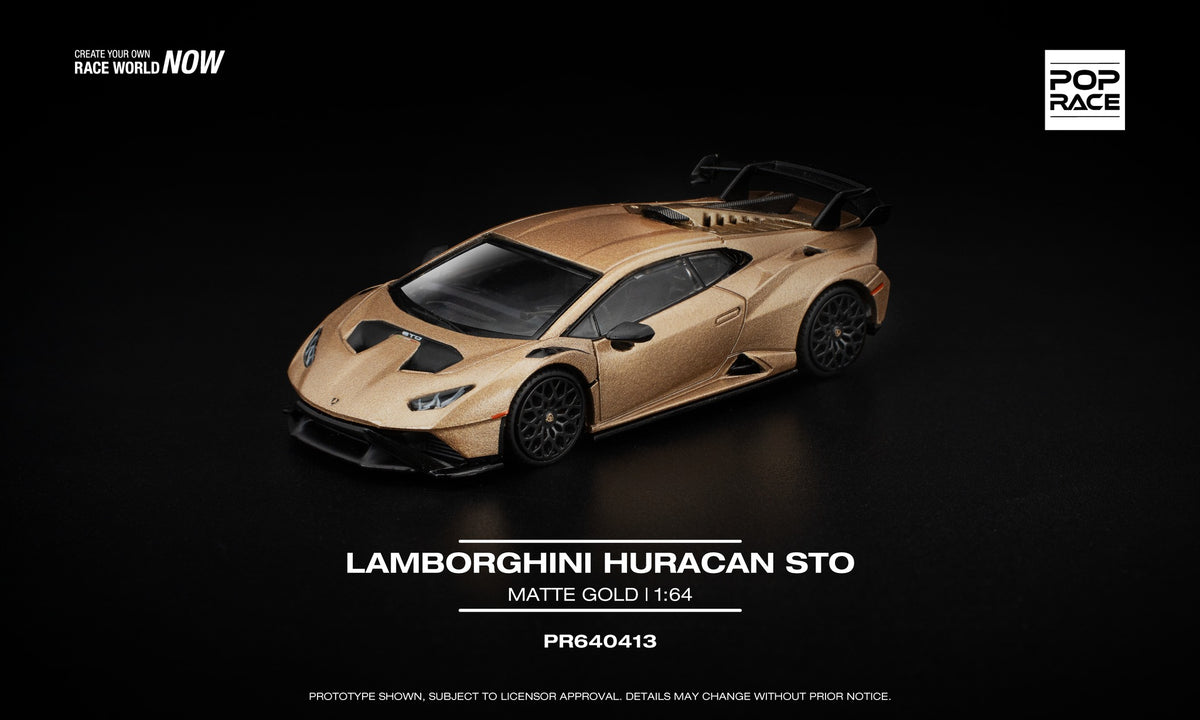 POP Race 1:64 Lamborghini Huracan STO Matte Gold with opening front hood and removable engine cover showing detailed mechanics. Front