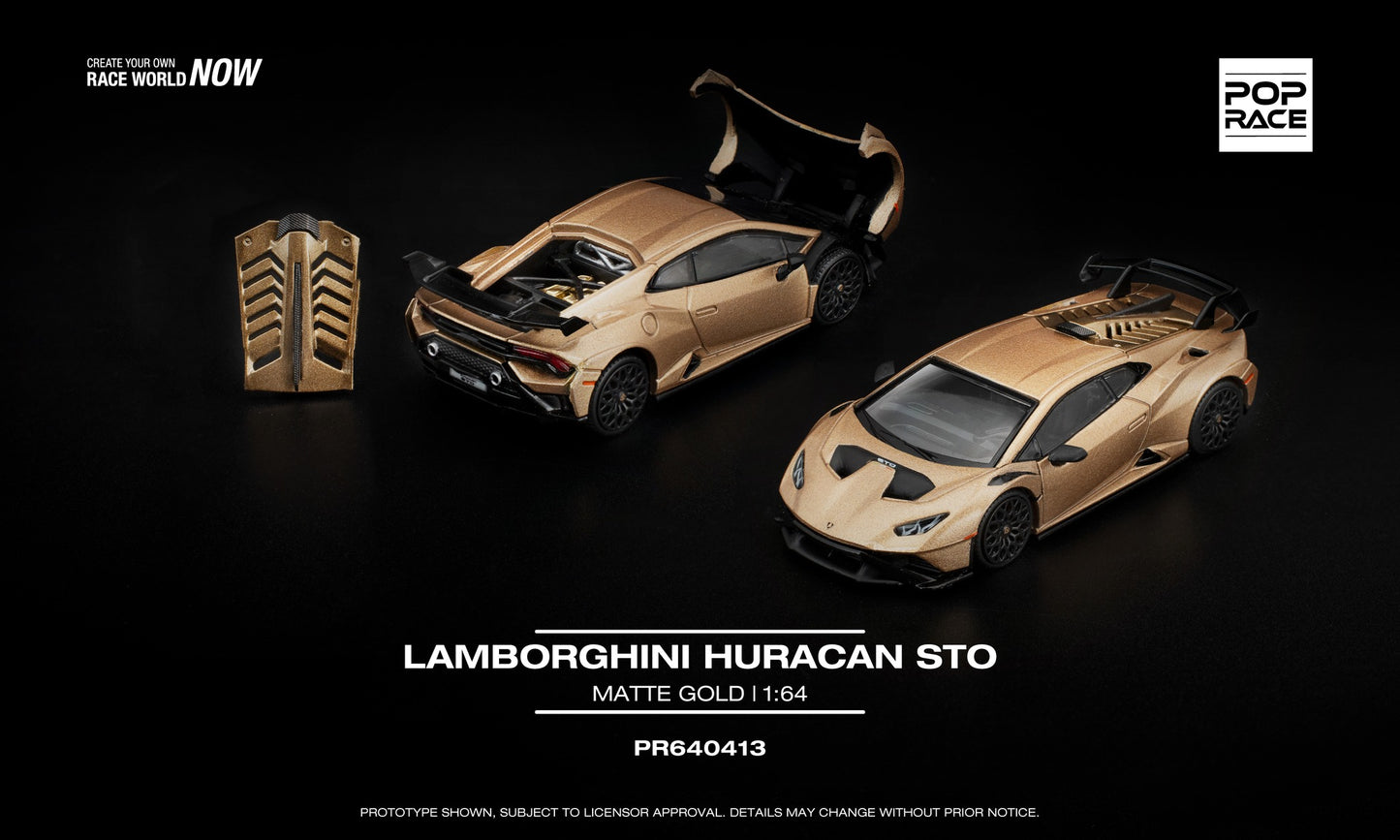 POP Race 1:64 Lamborghini Huracan STO Matte Gold with opening front hood and removable engine cover showing detailed mechanics.