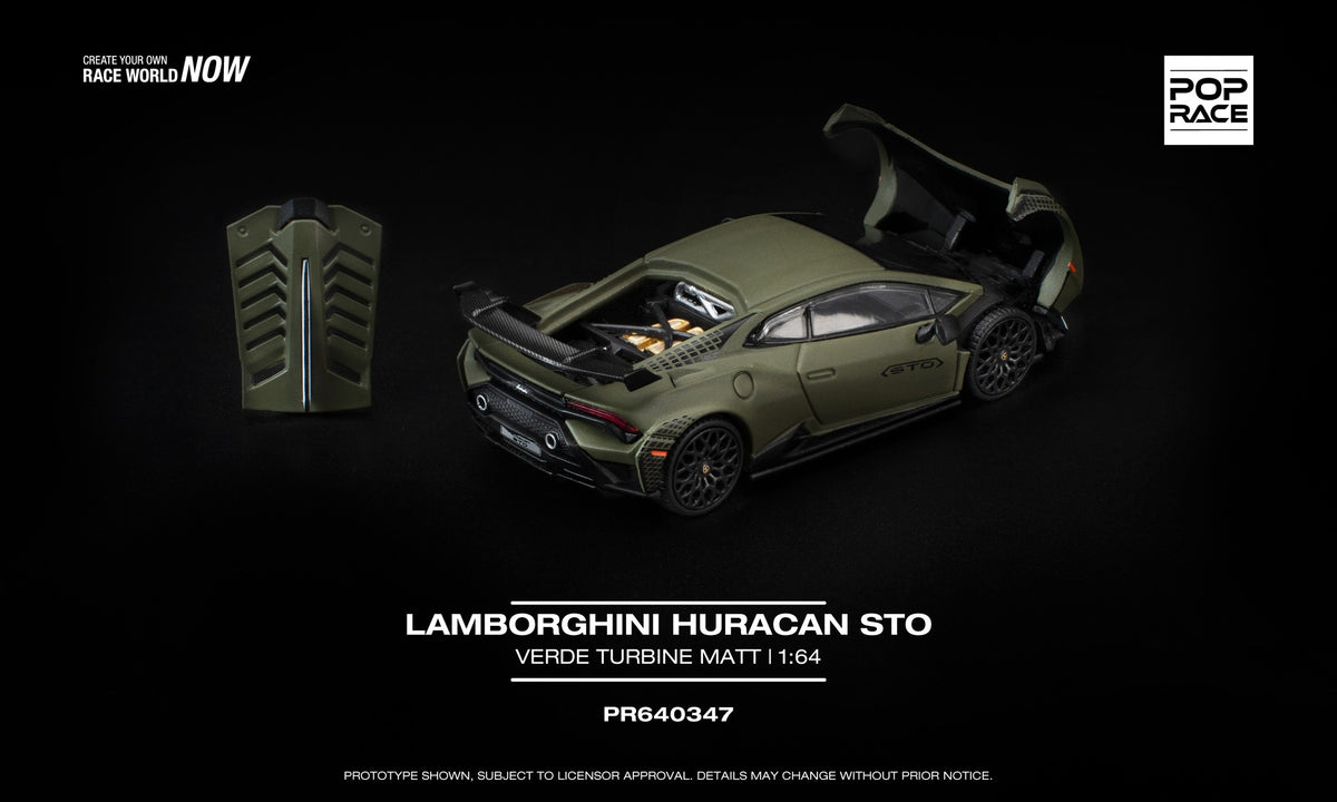 1:64 POP Race Lamborghini Huracán STO Verde Turbine matte with opening parts and detailed engine. Back