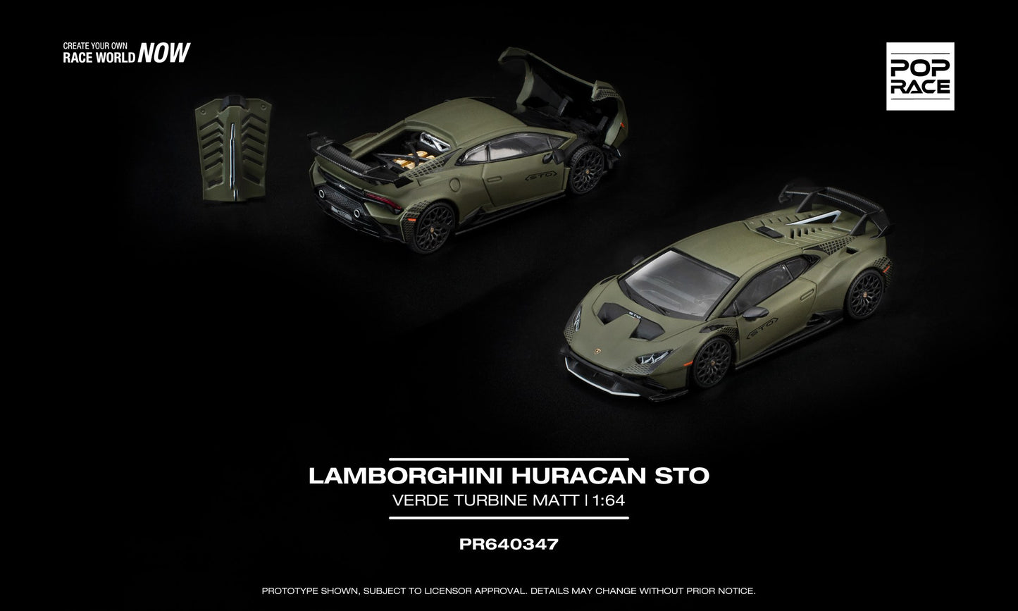 1:64 POP Race Lamborghini Huracán STO Verde Turbine matte with opening parts and detailed engine.