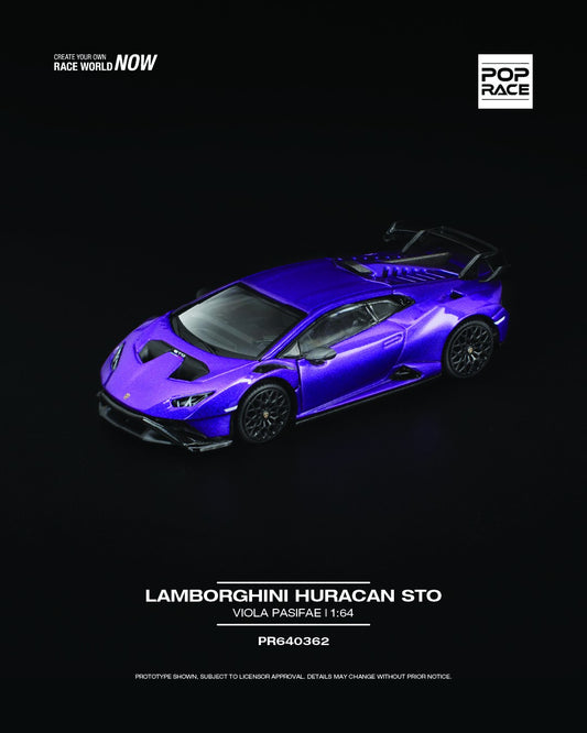 POP Race 1:64 Lamborghini Huracán STO in Viola Pasifae purple with detailed aero parts and signature racing design. Front left view