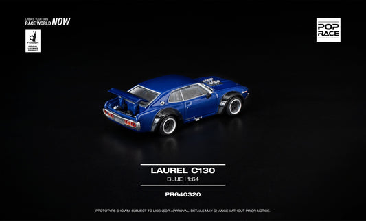 POP Race Nissan Laurel C130 blue opening hood boot detailed engine diecast 1:64. Back