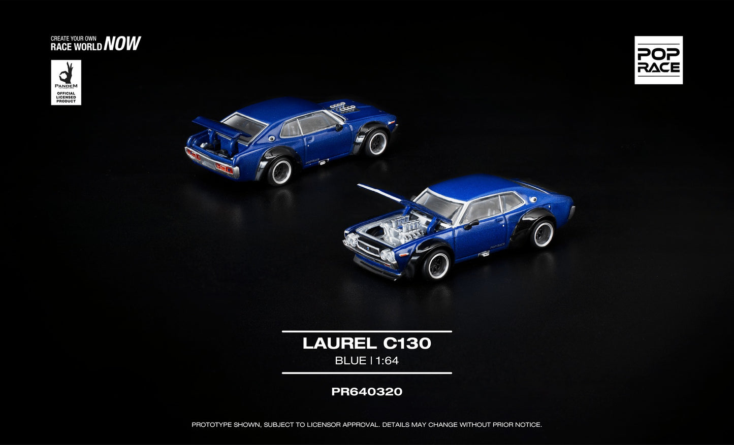 POP Race Nissan Laurel C130 blue opening hood boot detailed engine diecast 1:64