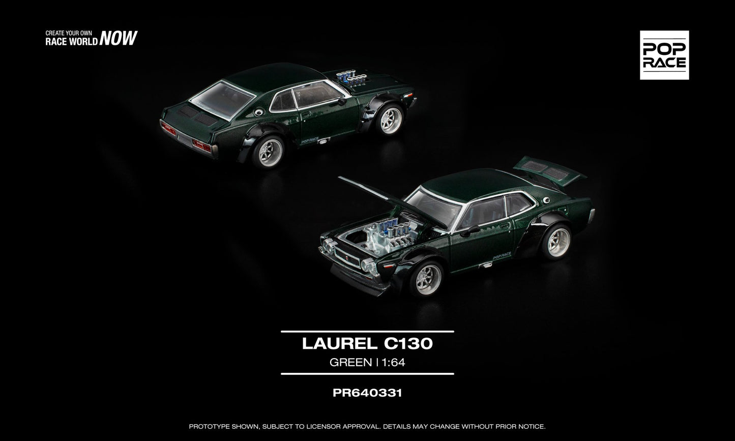 1:64 POP Race Laurel C130 Green with opening front and trunk, V8 drift replica model.