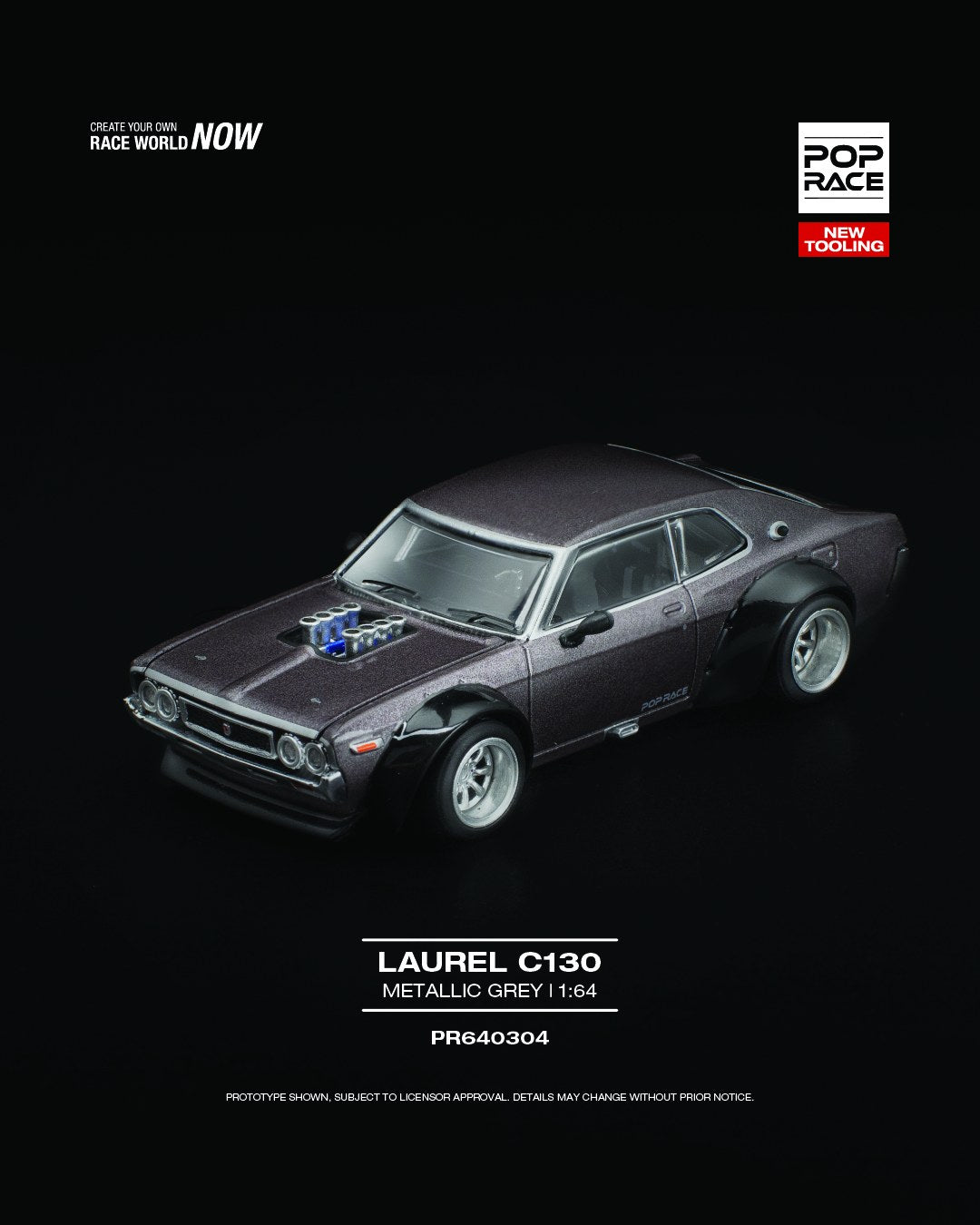 POP Race 1:64 Nissan Laurel C130 diecast in metallic grey with retro styling and chrome accents. Front