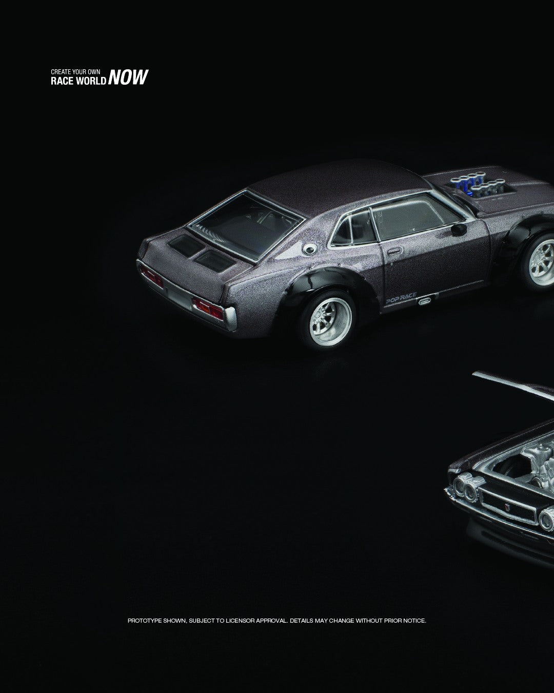 POP Race 1:64 Nissan Laurel C130 diecast in metallic grey with retro styling and chrome accents. Left