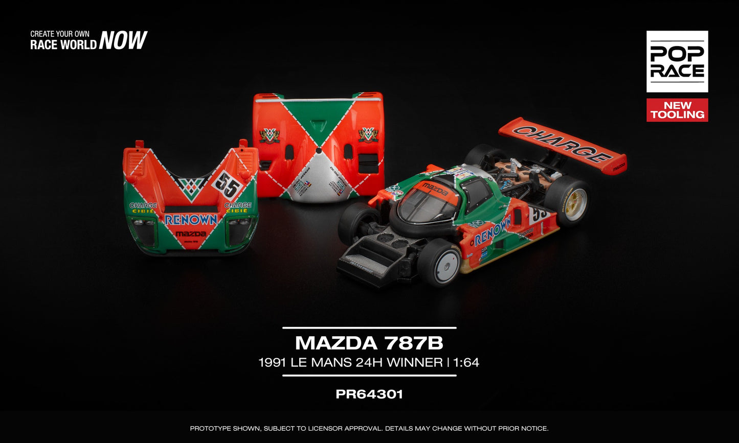 POP Race Mazda 787B 1991 Le Mans 24H Winner Renown livery 1:64 scale model car. Open front