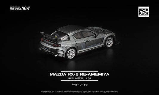 POP Race 1:64 Mazda RX-8 RE-Amemiya in matte gun metal grey, with opening front hood revealing a detailed rotary engine. Back
