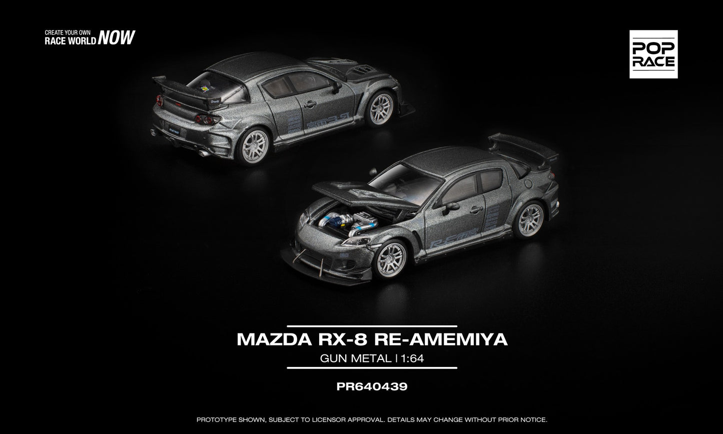 POP Race 1:64 Mazda RX-8 RE-Amemiya in matte gun metal grey, with opening front hood revealing a detailed rotary engine.