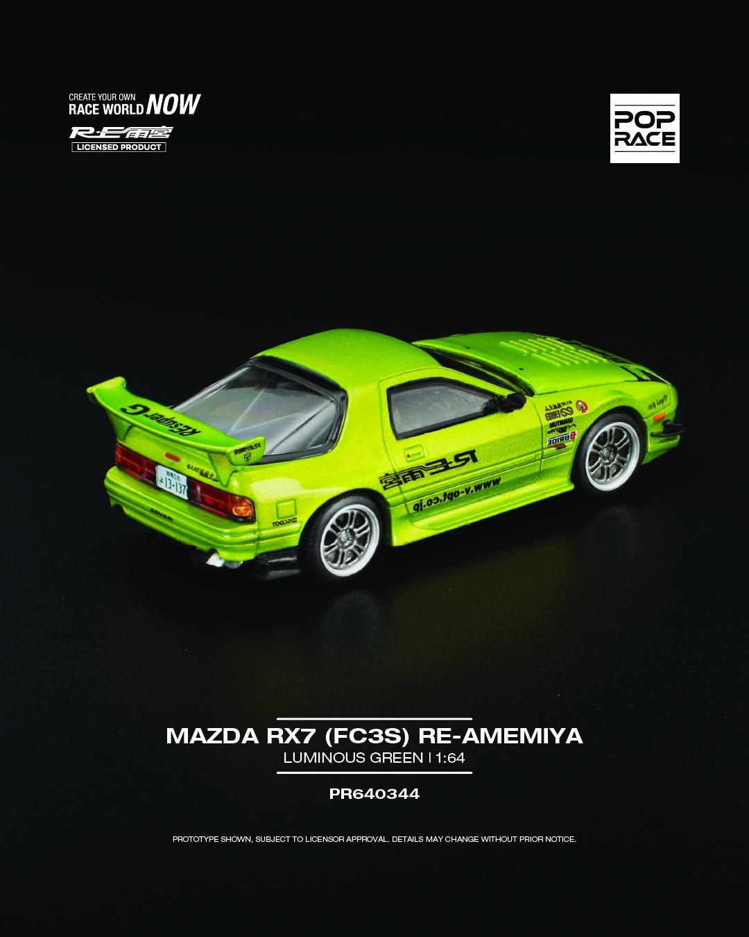 1:64 POP Race Mazda RX7 FC3S RE-Amemiya in luminous green with aero kit and rear wing. Back
