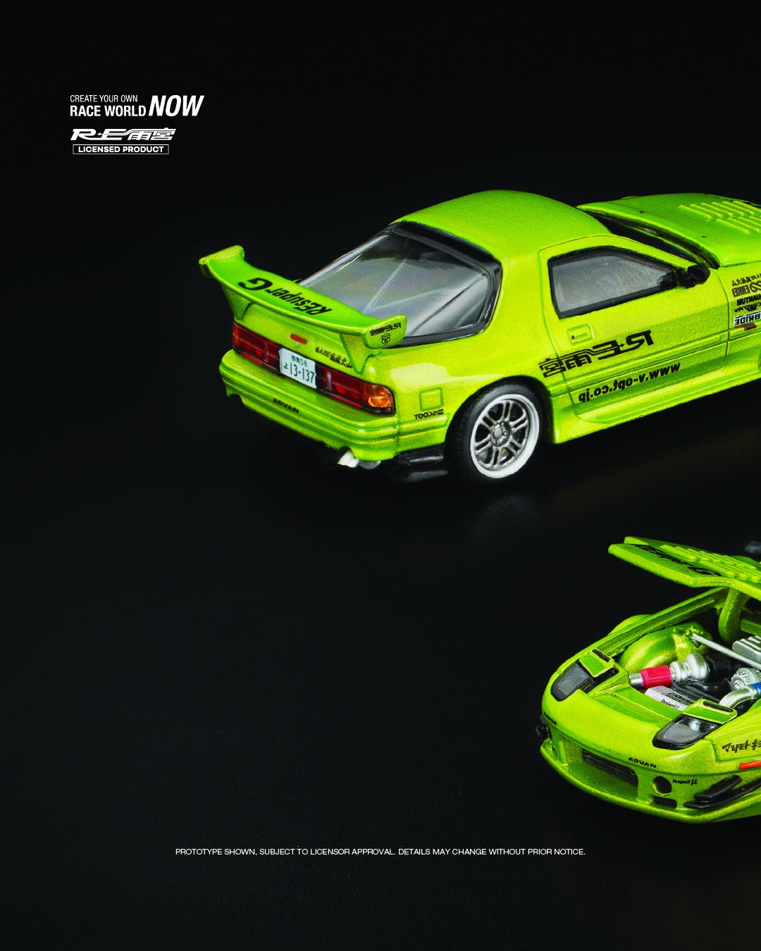 1:64 POP Race Mazda RX7 FC3S RE-Amemiya in luminous green with aero kit and rear wing. Left