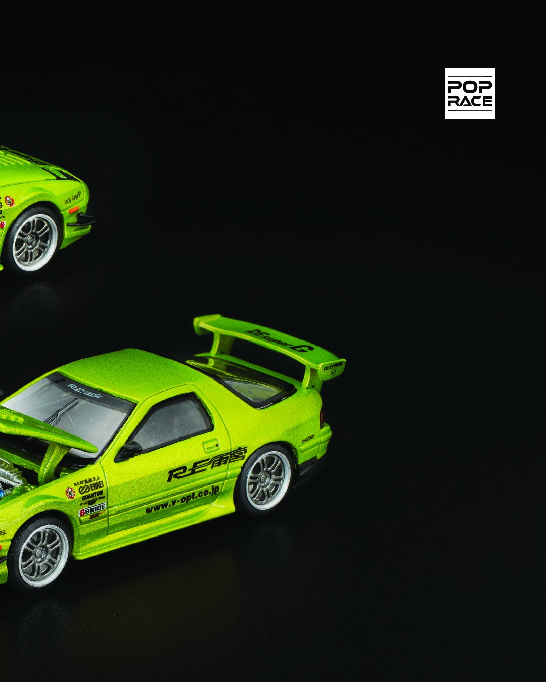 1:64 POP Race Mazda RX7 FC3S RE-Amemiya in luminous green with aero kit and rear wing. Right