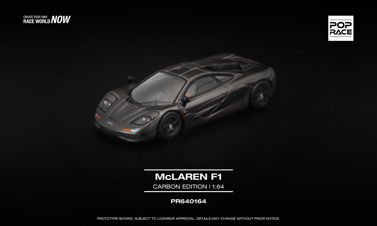 POP Race 1:64 McLaren F1 Carbon Edition in full carbon-fiber texture finish with twin opening covers displaying detailed engine and rear compartment. Front