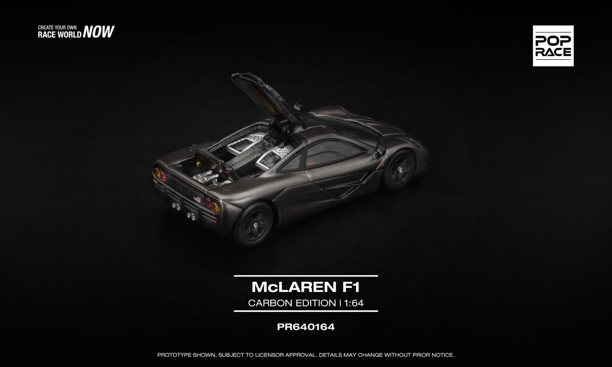 POP Race 1:64 McLaren F1 Carbon Edition in full carbon-fiber texture finish with twin opening covers displaying detailed engine and rear compartment. Back