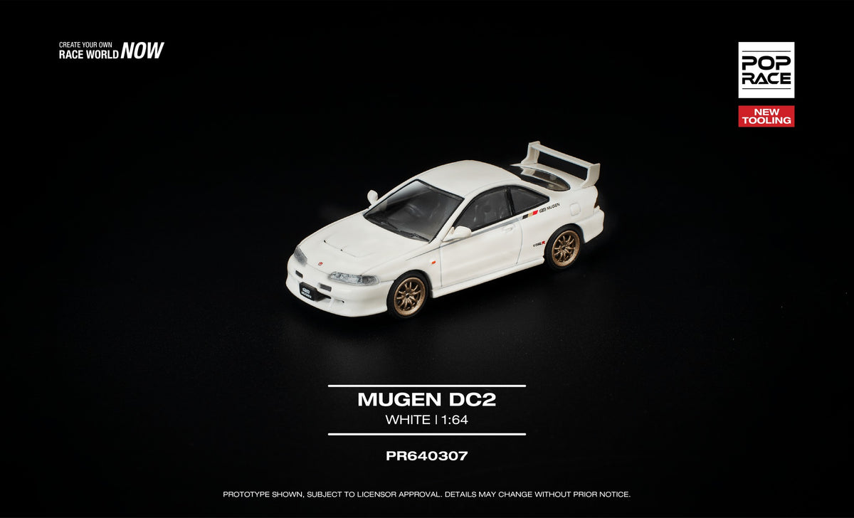 POP Race 1:64 Mugen Honda Integra DC2 frost white with gold wheels opening hood diecast model. Front