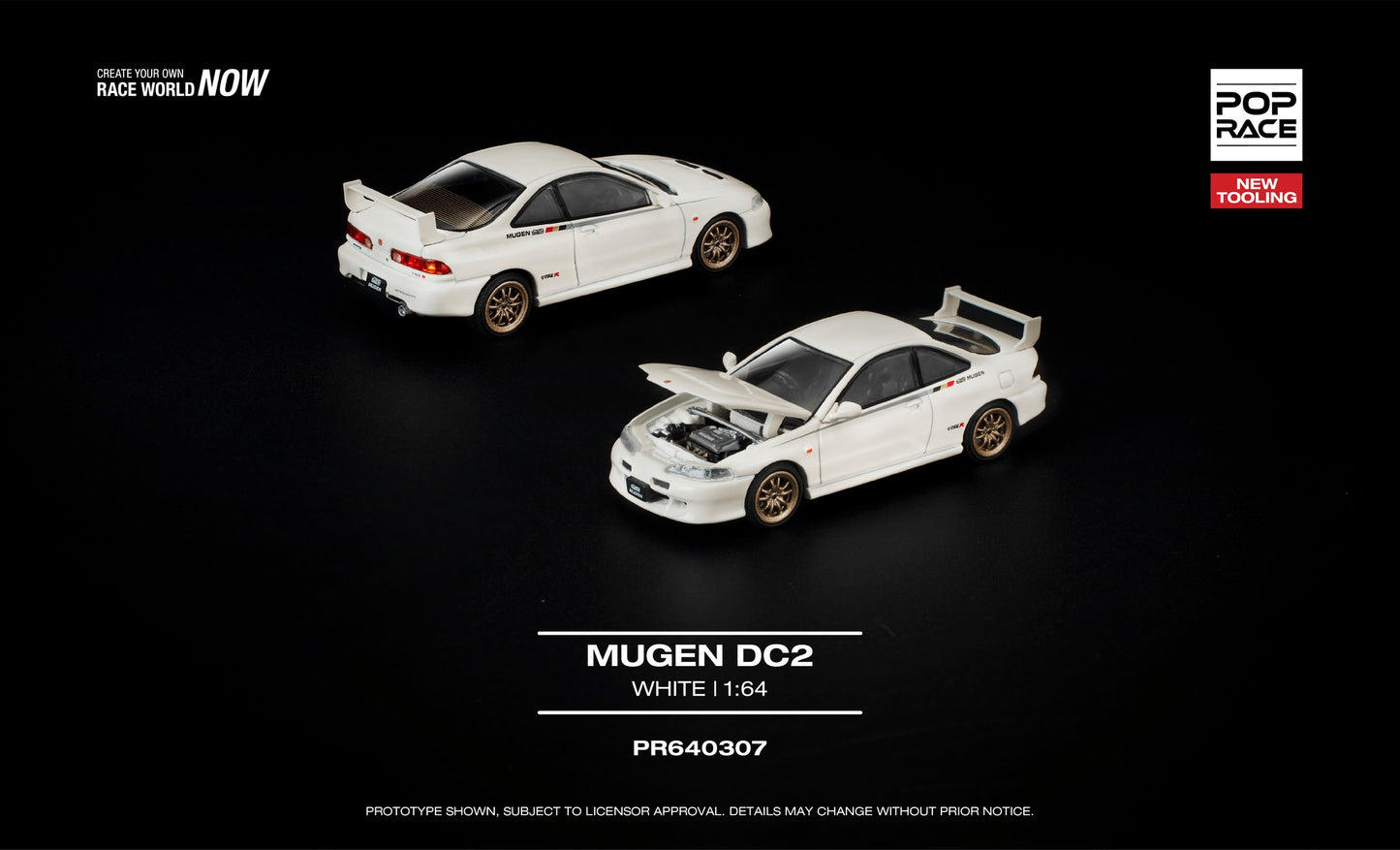 POP Race 1:64 Mugen Honda Integra DC2 frost white with gold wheels opening hood diecast model