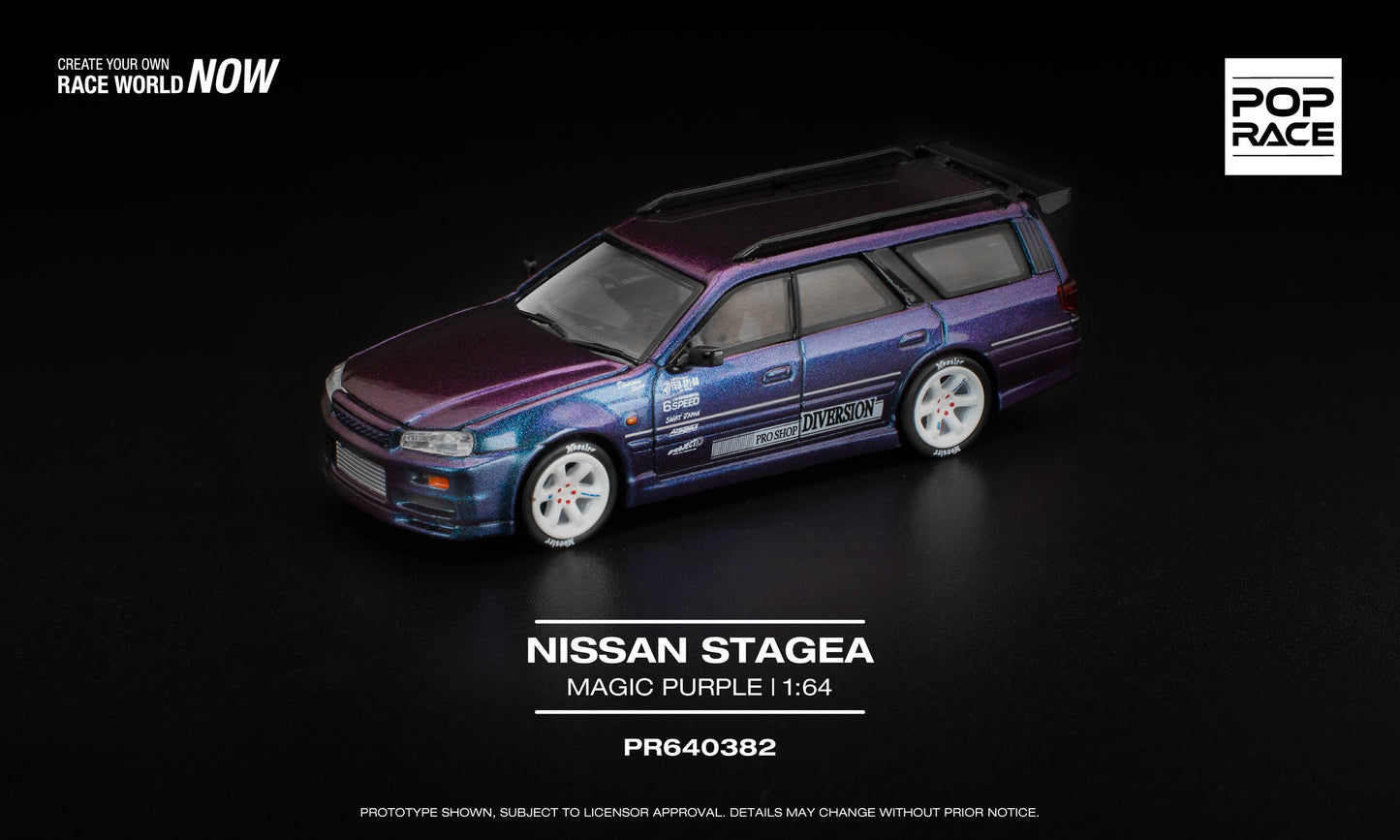 POP Race Nissan Stagea Magic Purple 1:64 diecast wagon. Front
