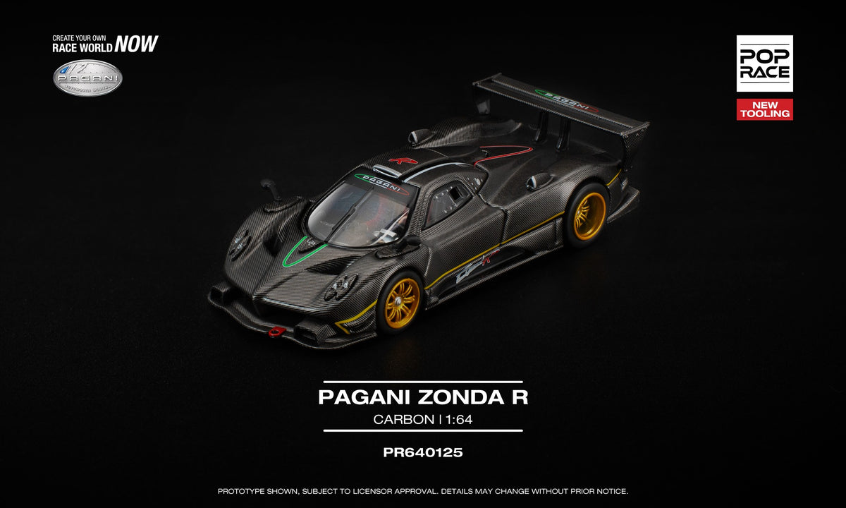 POP Race 1:64 Pagani Zonda R Carbon model with removable front and rear panels, showing detailed engine and interior. Front