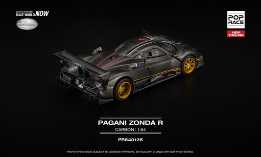 POP Race 1:64 Pagani Zonda R Carbon model with removable front and rear panels, showing detailed engine and interior. Back