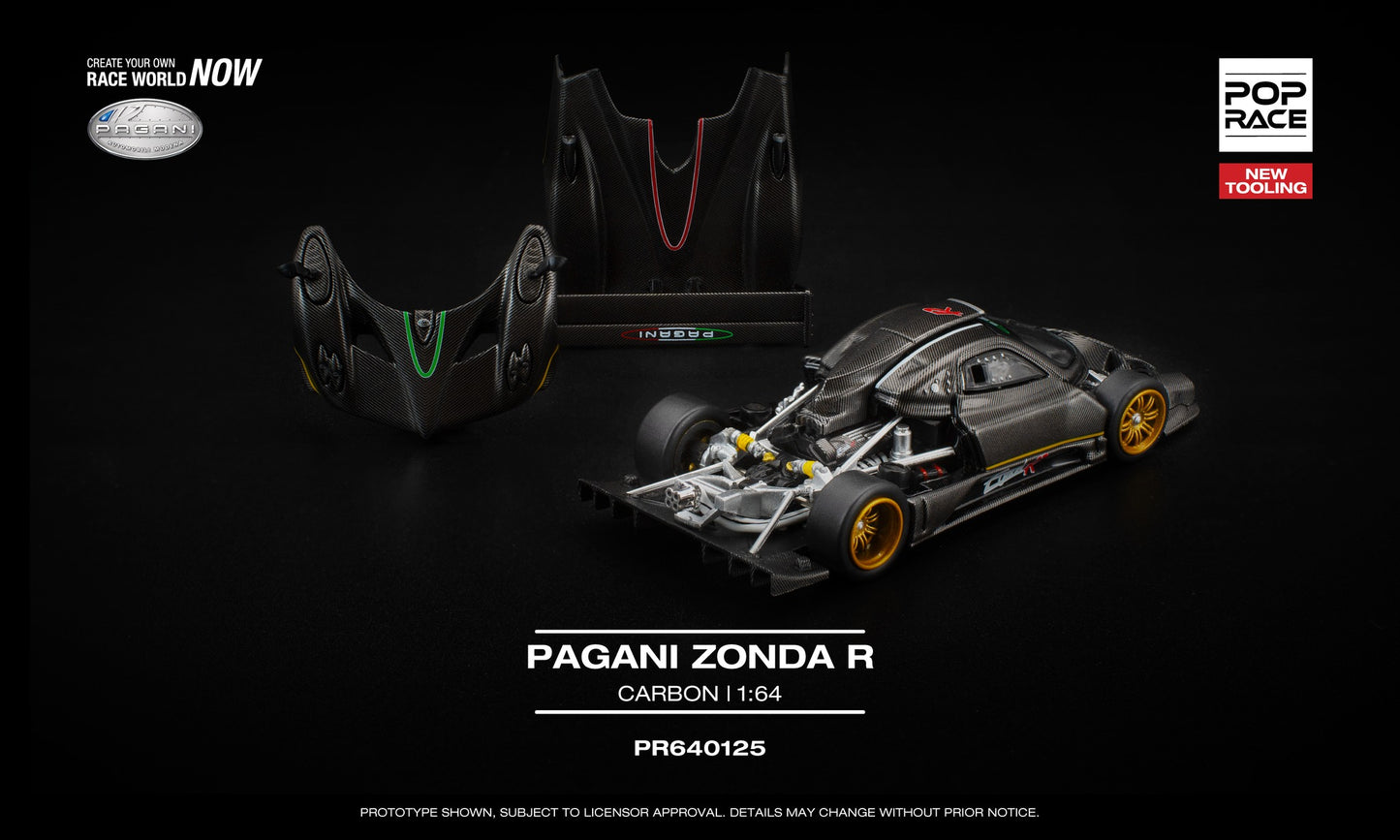 POP Race 1:64 Pagani Zonda R Carbon model with removable front and rear panels, showing detailed engine and interior.