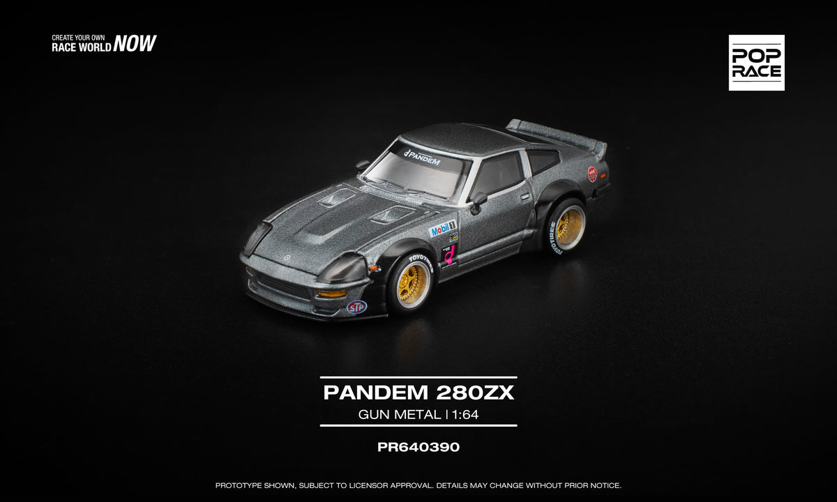 POP Race 1:64 Pandem 280ZX in metallic gunmetal grey with wide-body fenders, detailed interior, and open forward-tilting hood showing engine detail. Front