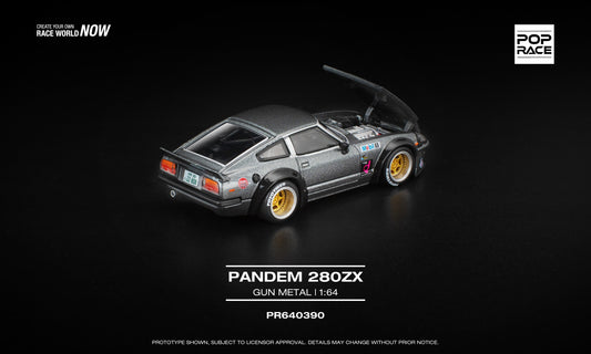 POP Race 1:64 Pandem 280ZX in metallic gunmetal grey with wide-body fenders, detailed interior, and open forward-tilting hood showing engine detail. Back