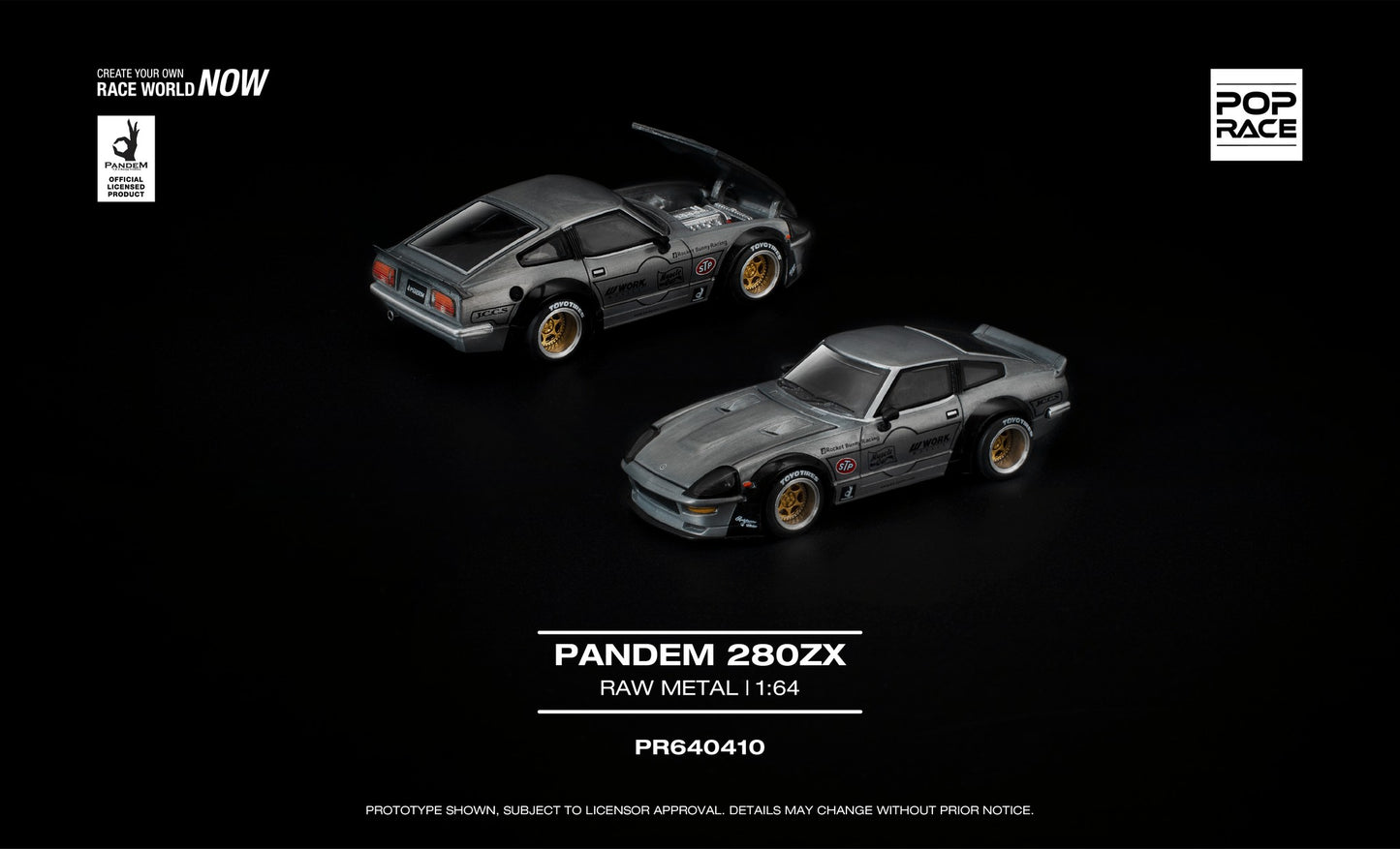 POP Race 1:64 Pandem Datsun 280ZX raw metal widebody with opening hood diecast model